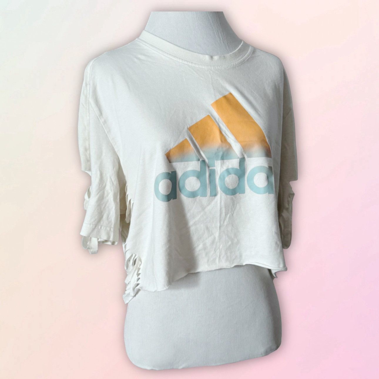 Adidas Adidas, Raw Hem, Sleeve & Side Fringe, Crop Top, Casual Tee Size L / US 10 / IT 46 - 1 Thumbnail
