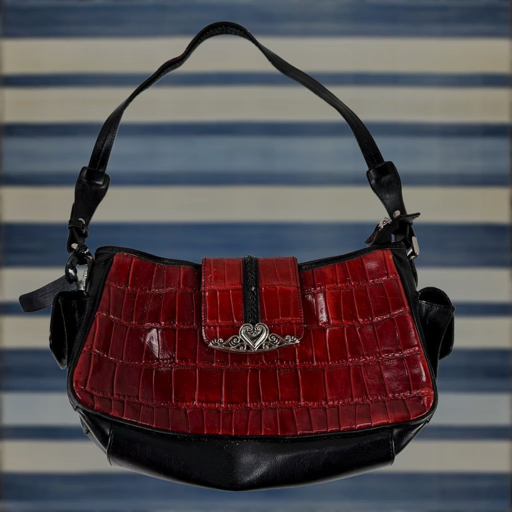 Brighton Bag Womens Medium Black Red Leather Croc Embossed Shoulder Crossbody Handbag, Women's