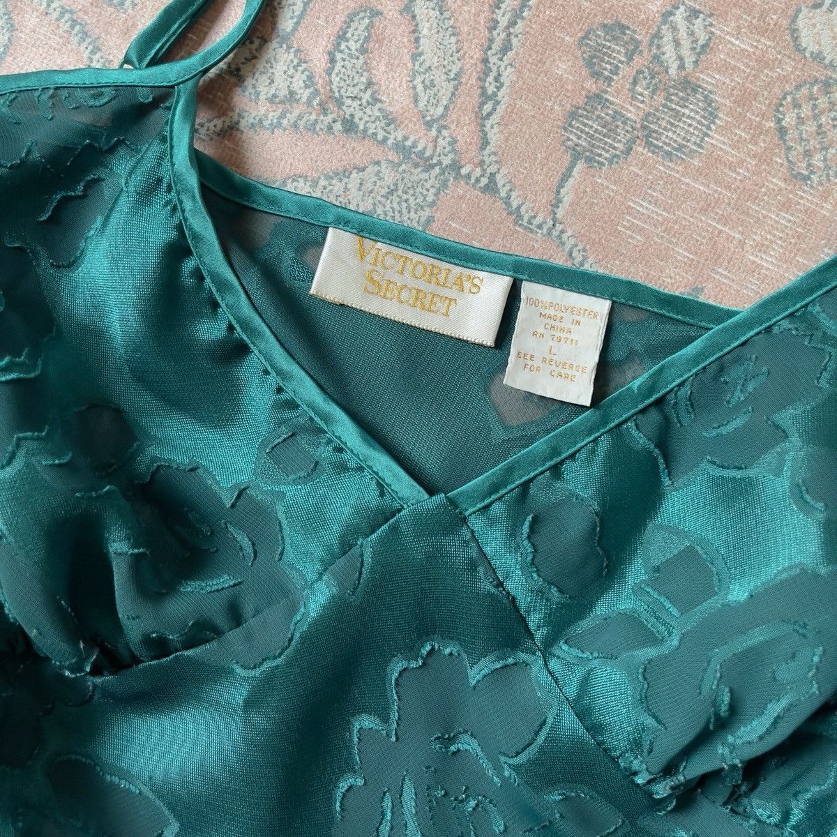 Victoria's Secret Victoria’s Secret 1990s Green Floral Burnout Slip Dress (L) Size L / US 10 / IT 46 - 14 Thumbnail