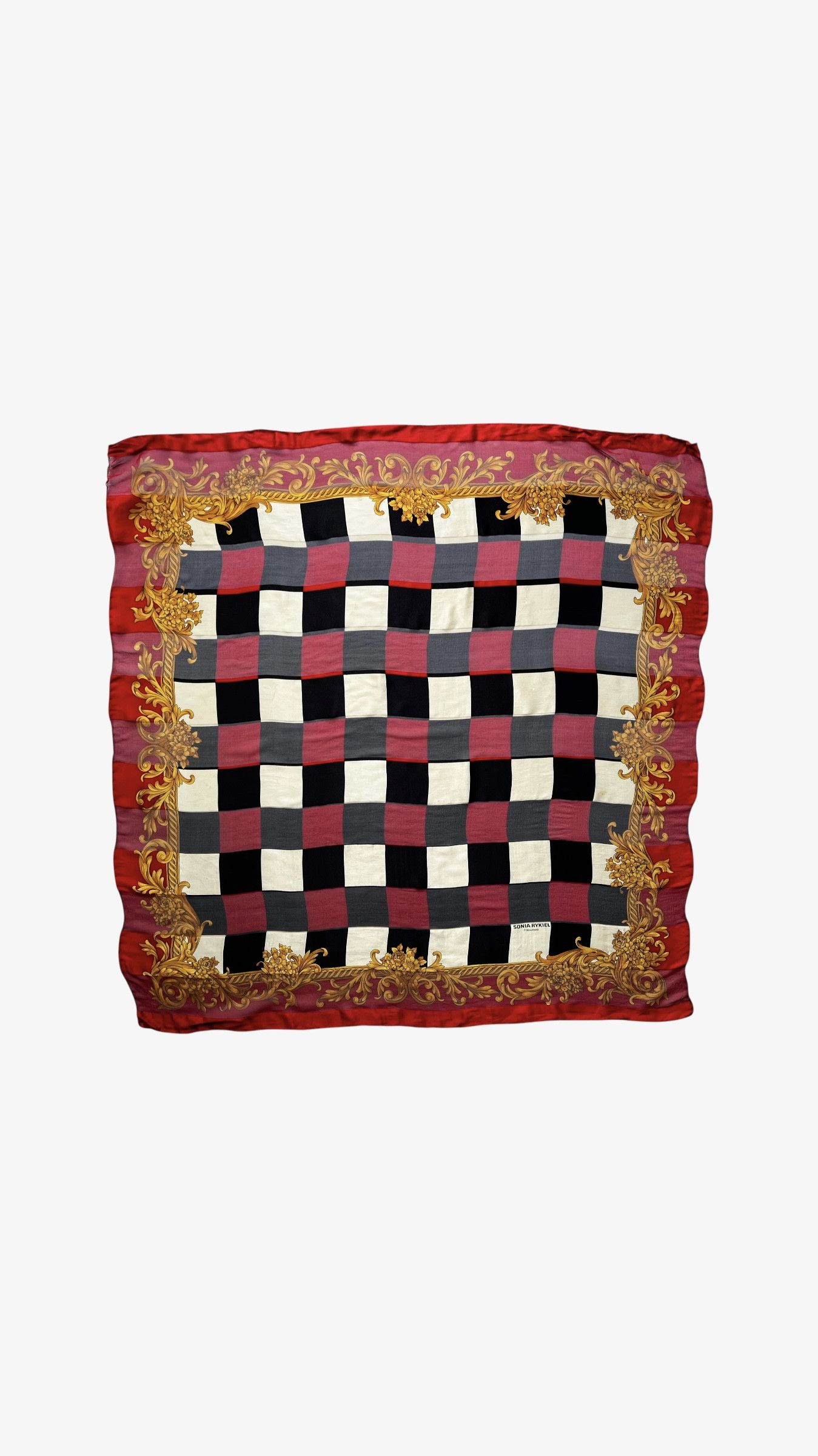 Sonia Rykiel Vintage 90s Sonia Rykiel Checkered Baroque Print Silk Scarf Size ONE SIZE - 1 Thumbnail