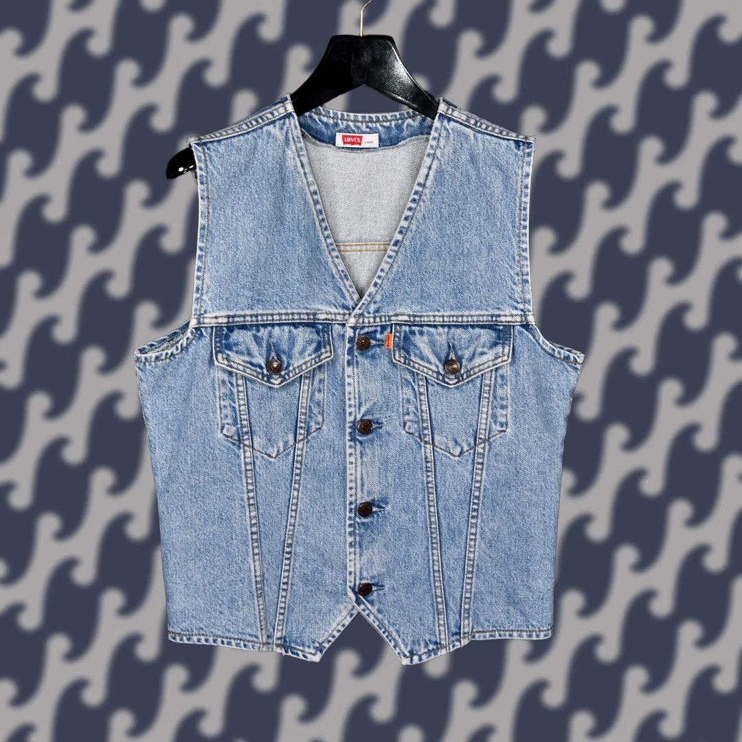 VINTAGE Levi's 70606 ORANGE TAB Denim Vest Jeans 70606 Size L Men Blue Cotton 100% Genuine Very Good Condition Vest