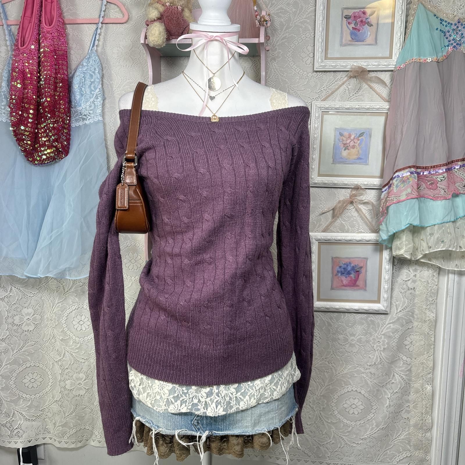 Aeropostale y2k purple aeropostale off the shoulder sweater Size L / US 10 / IT 46 - 1 Thumbnail
