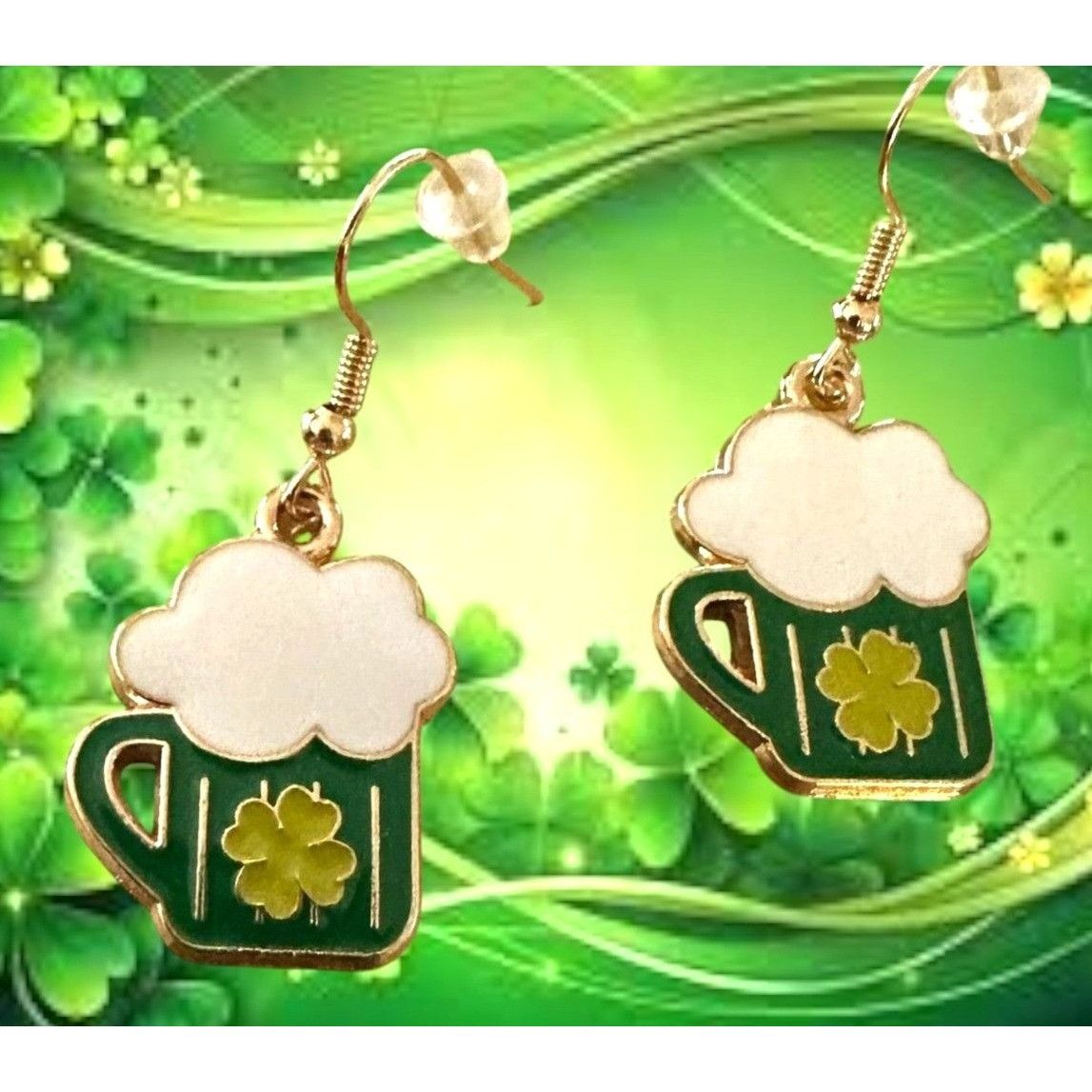 Handmade St Patricks Day Earrings Beer Four Leaf Clover Dangle Hooks Size ONE SIZE - 6 Thumbnail