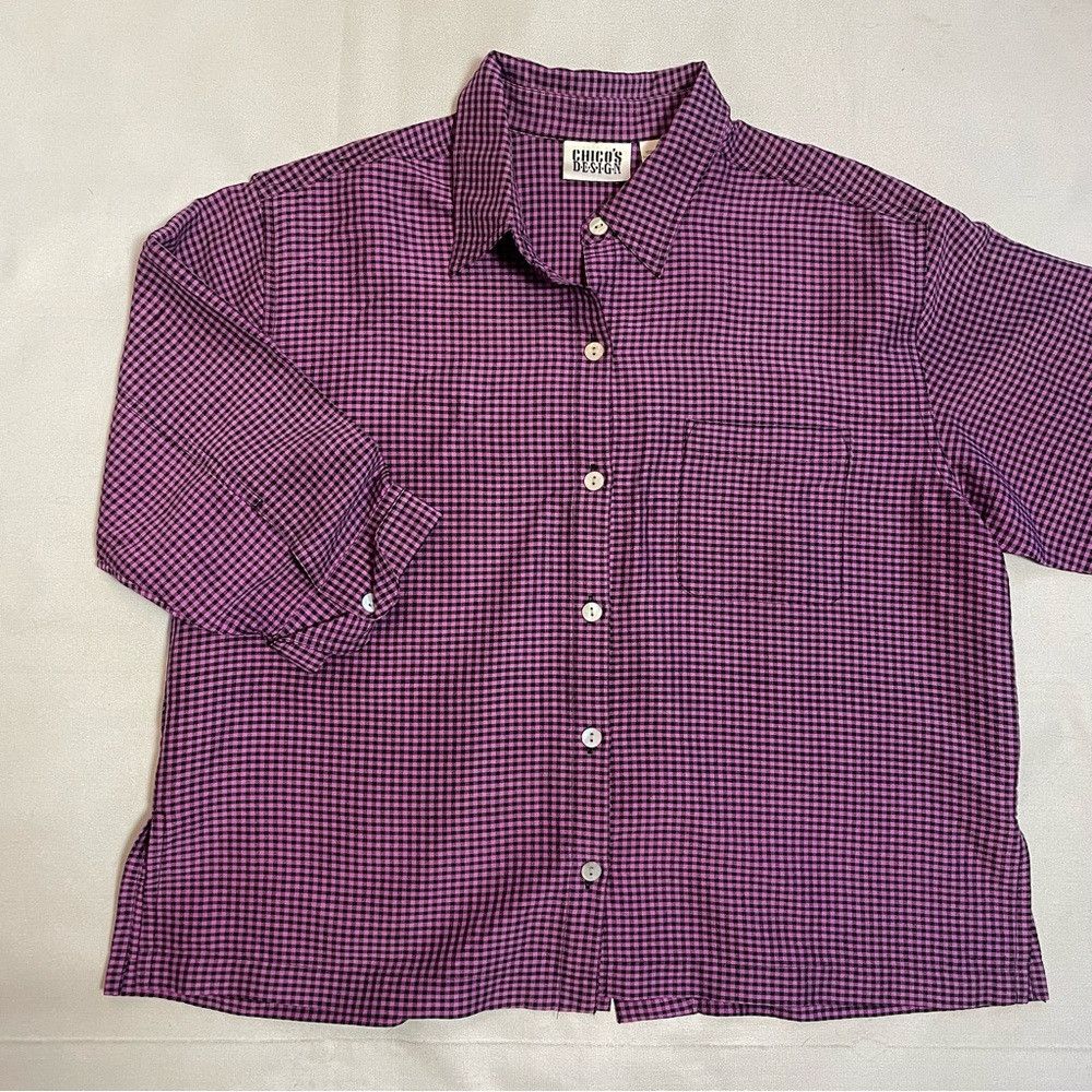 Chicos Chico's Design Silk Purple Plaid 3/5 Sleeve Shirt Size 1 US Size M / US 6-8 / IT 42-44 - 5 Thumbnail
