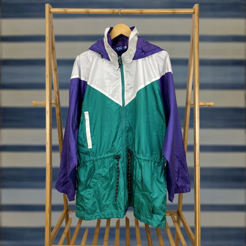 Champion VTG Champion 90s Windbreaker Jacket Hooded Long Nylon Men L Teal White Purple Bold Full Zip Era 90s Mens Jacket Size US L / EU 52-54 / 3 - 1 Thumbnail