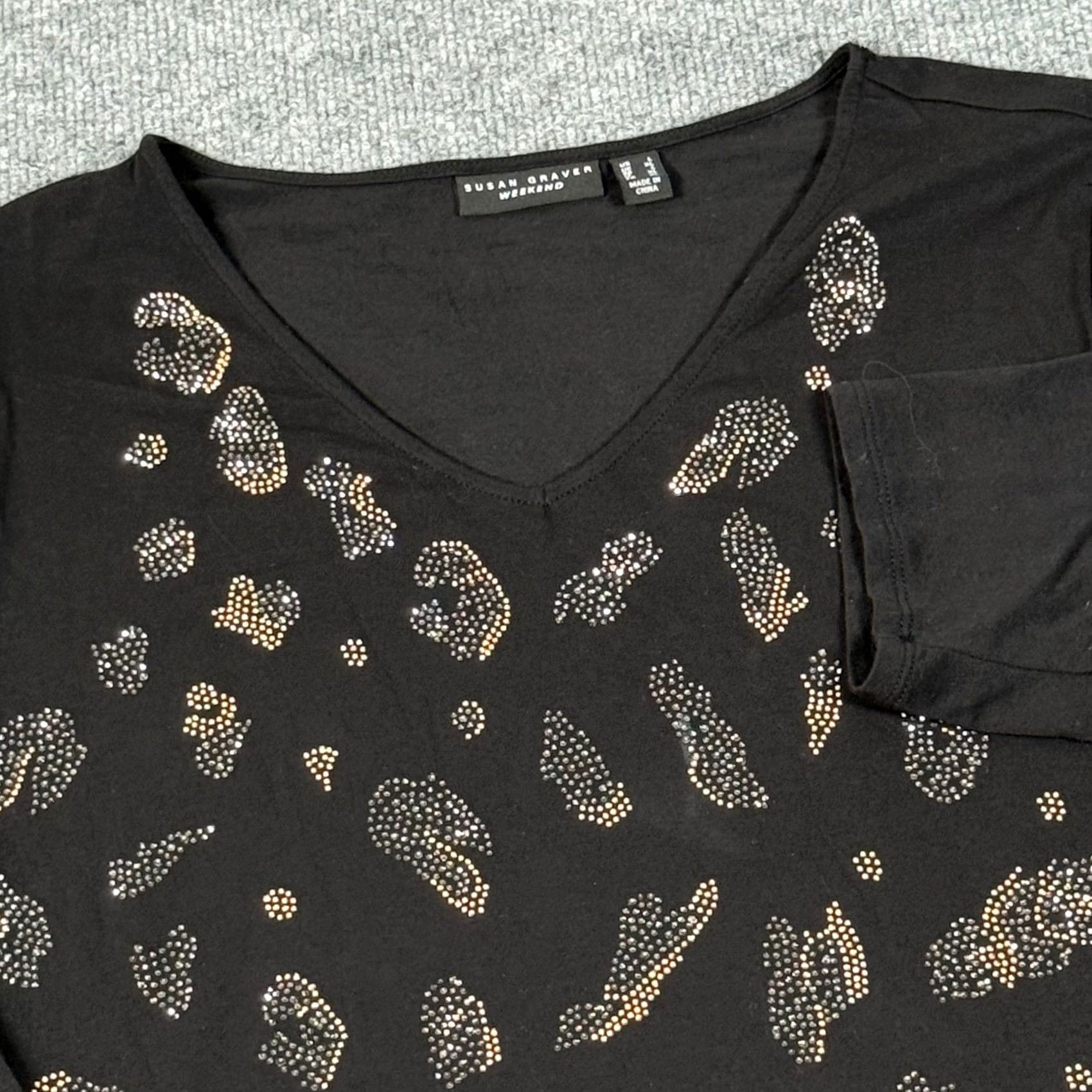 Vintage Susan Graver Weekend Tunic Top Black 3/4 Sleeve Rhinestone V-Neck Animal Print Relaxed XXL? Size L / US 10 / IT 46 - 2 Thumbnail