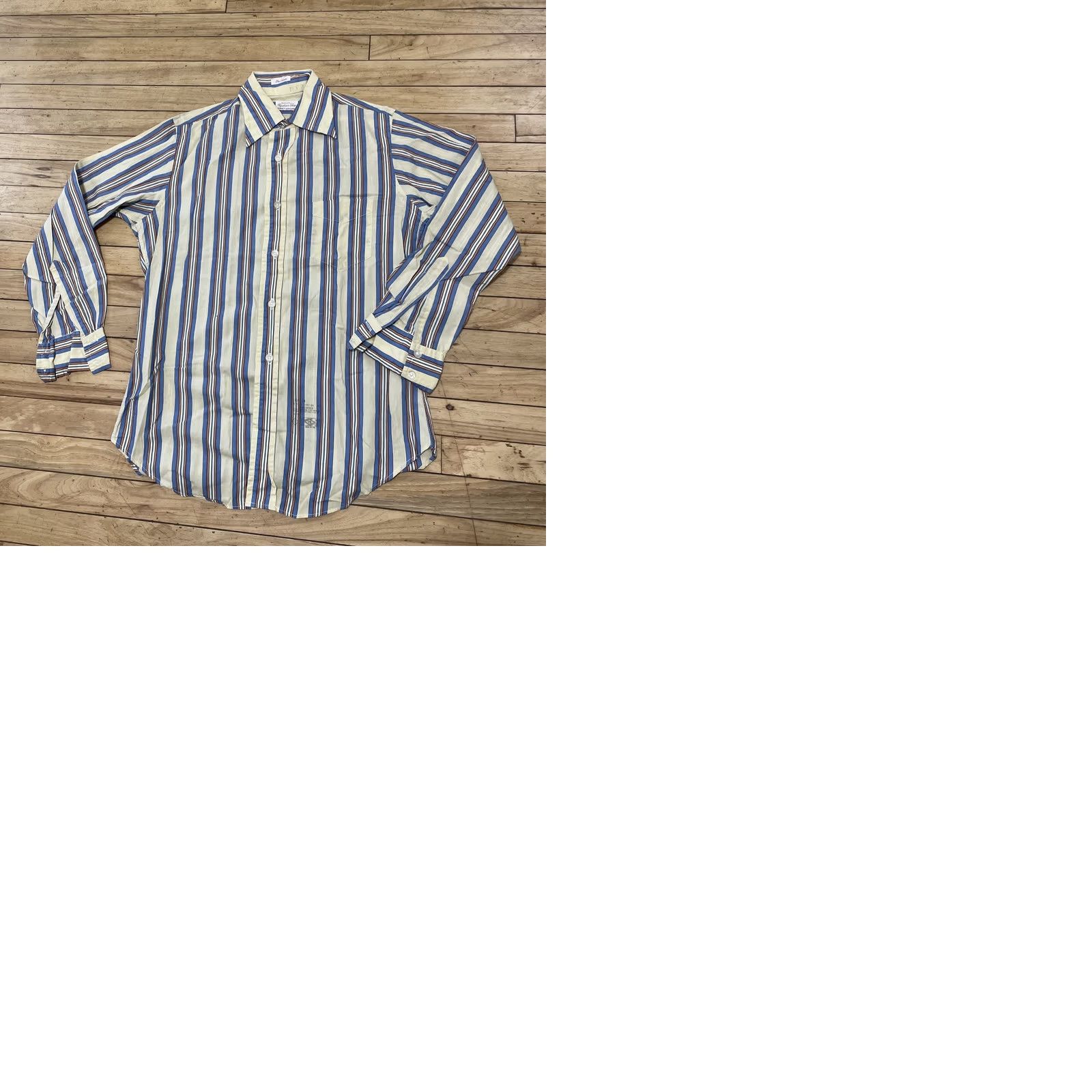 Gant VINTAGE GANT Shirt Regular 15.5 34 Blue Yellow Cream Green Striped Button-Up Western Cowboy 70s 90s Bohemian Grandpa Point Collar USA Mens Size US L / EU 52-54 / 3 - 12 Thumbnail