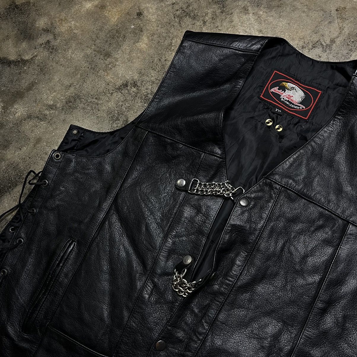 Vintage vintage black leather biker skull chain vest Size US XXL / EU 58 / 5 - 11 Thumbnail