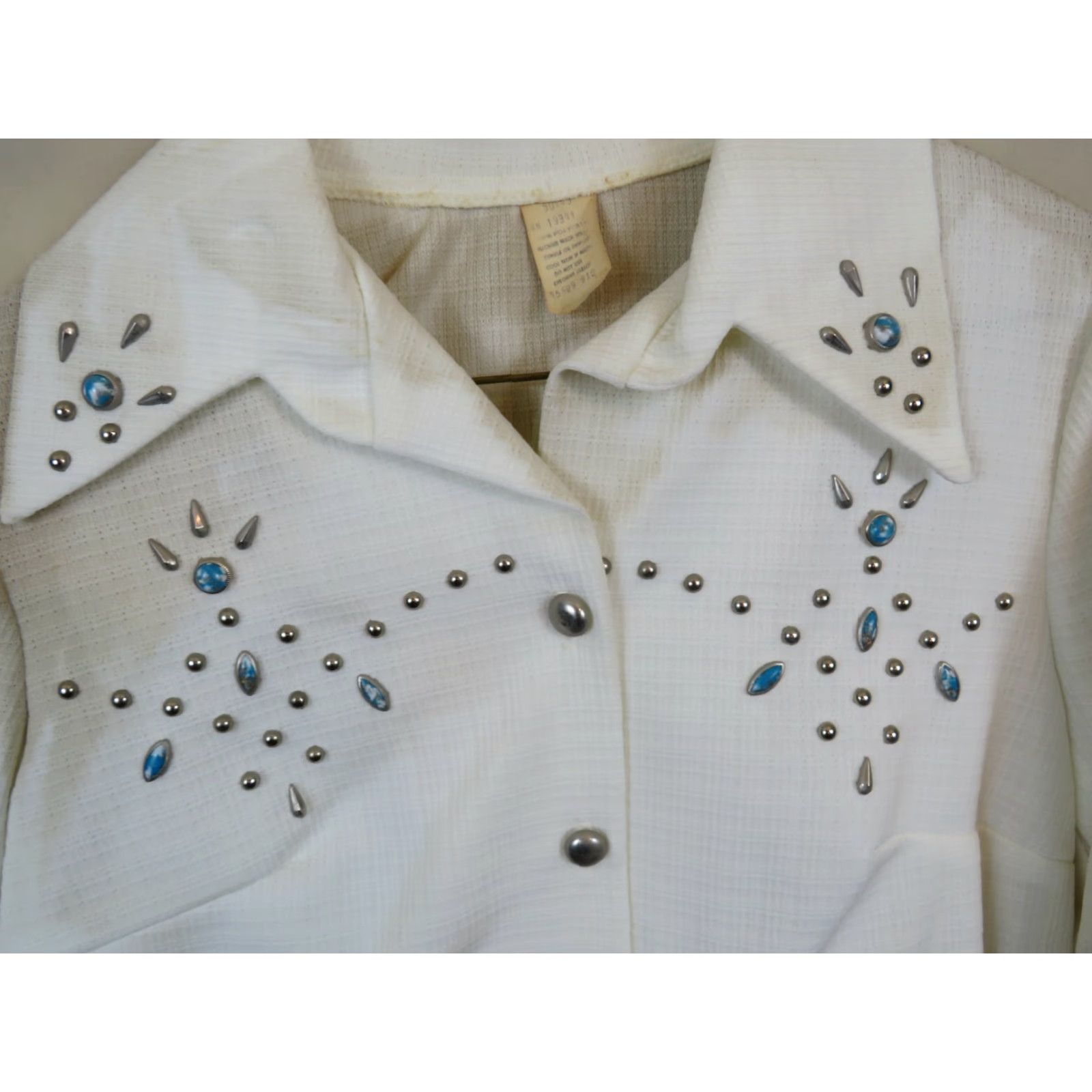 Vintage VINTAGE Polyester Top Shirt Turquoise Gold Stone M Stain Destroyed 1970s White Rockabilly Casual Mens Womens Boys Girls M Regular Size M / US 6-8 / IT 42-44 - 6 Thumbnail