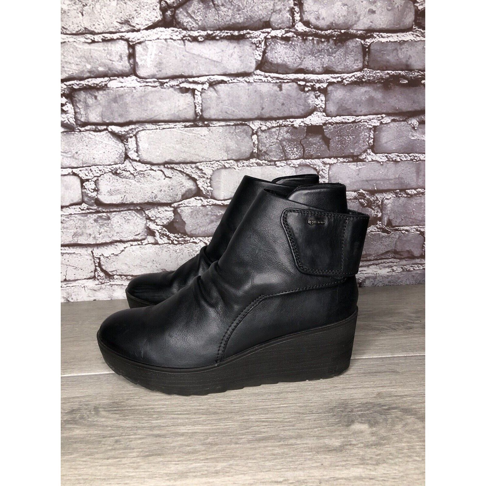 Other IGI&CO Black Leather High Wedge Strap Booties Boots Women Sz Size US 6.5 / IT 36.5 - 1 Thumbnail