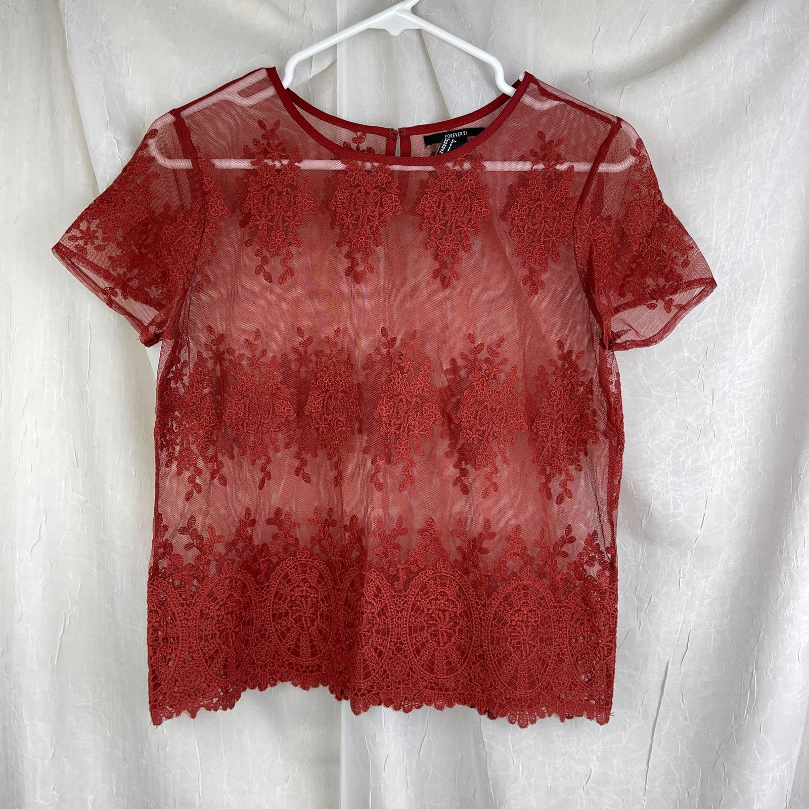 Forever 21 Rust Sheer Mesh Lace T Shirt Scalloped Hem Forever 21 Small Size S / US 4 / IT 40 - 10 Thumbnail
