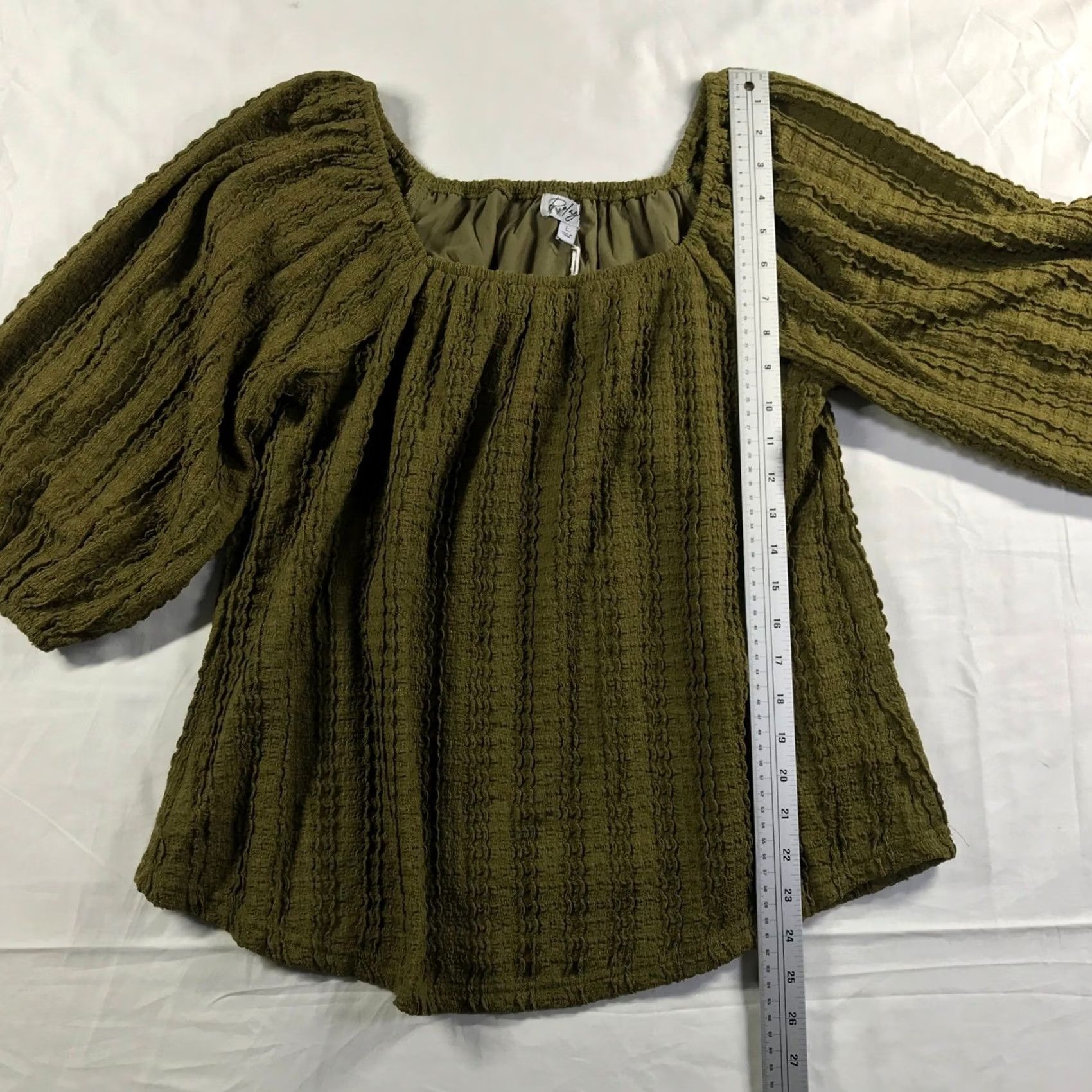 Olive Polagram Blouse Green Square Neck Balloon Sleeve Large Elsie Textured Size L / US 10 / IT 46 - 2 Thumbnail