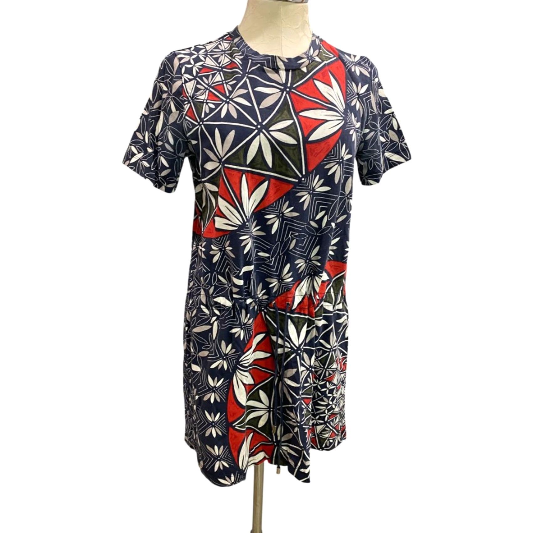 VINTAGE Tory Burch Acoma Pottery Tshirt Dress Drawstring Waist Pima Cotton Shirt  Dress Women Small Blue