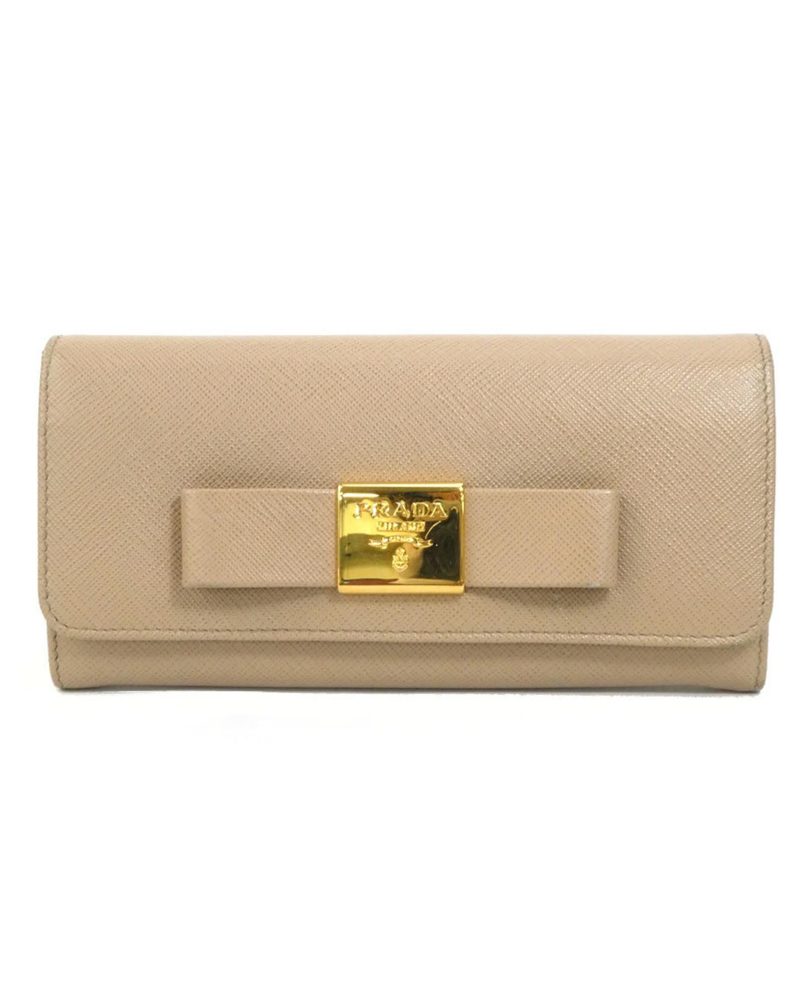 image of Prada Beige Leather Ribbon Long Wallet, Women's