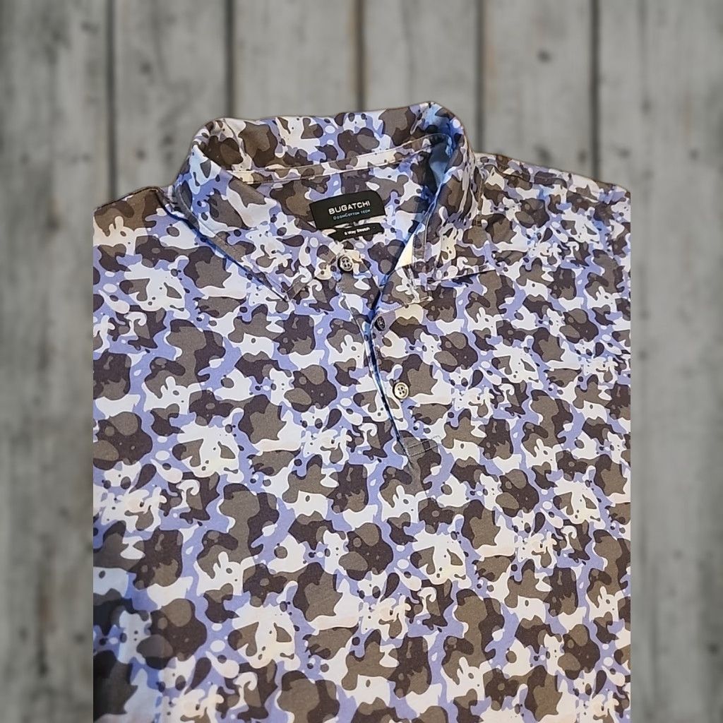 BUGATCHI Polo Shirt Mens XL Blue Camouflage 8-way Stretch Short Sleeve Cotton Spandex Polo Shirt Colorful All Seasons Breathable Easy Care Mens