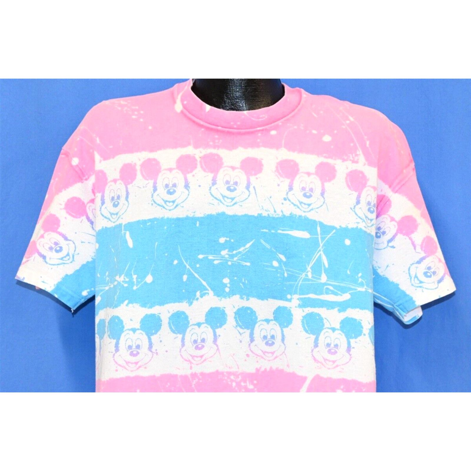 Image of VTG 90's Mickey Mouse Blue And Pink Allover Print Stripe Disney T-Shirt XL in White, Men's