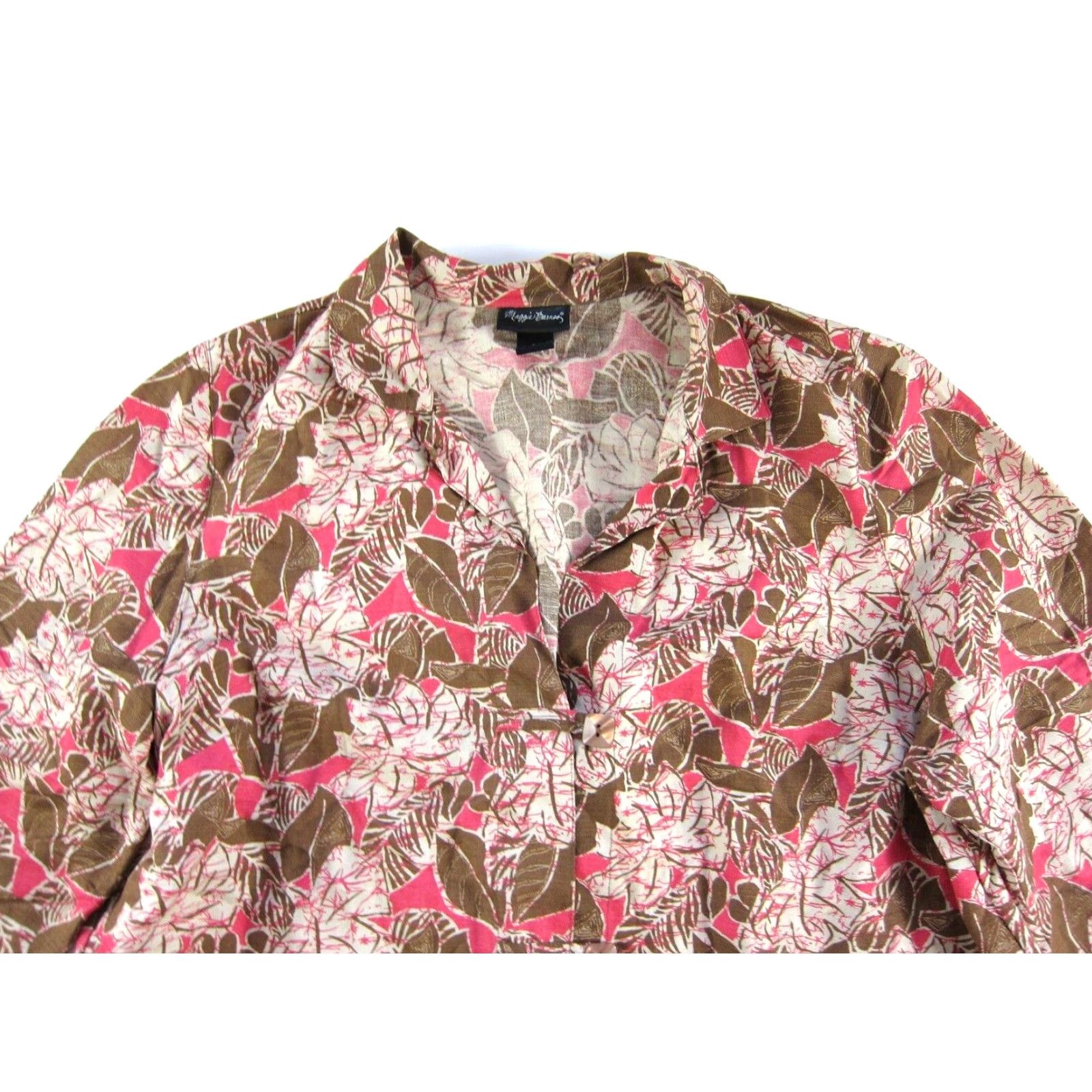 Pinko Maggie Barnes Linen Brown Pink Floral 3/4 Sleeve Button Down Collared Blouse 1X Size XL / US 12-14 / IT 48-50 - 4 Thumbnail