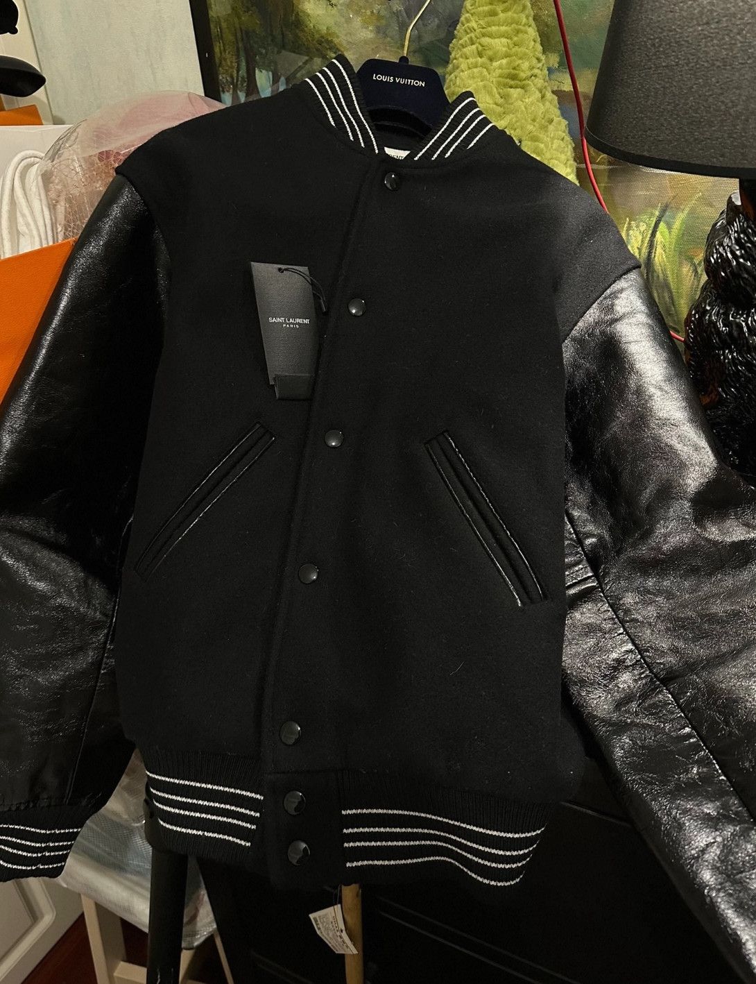 Saint Laurent Black Leather Sleeve Varsity Jacket-