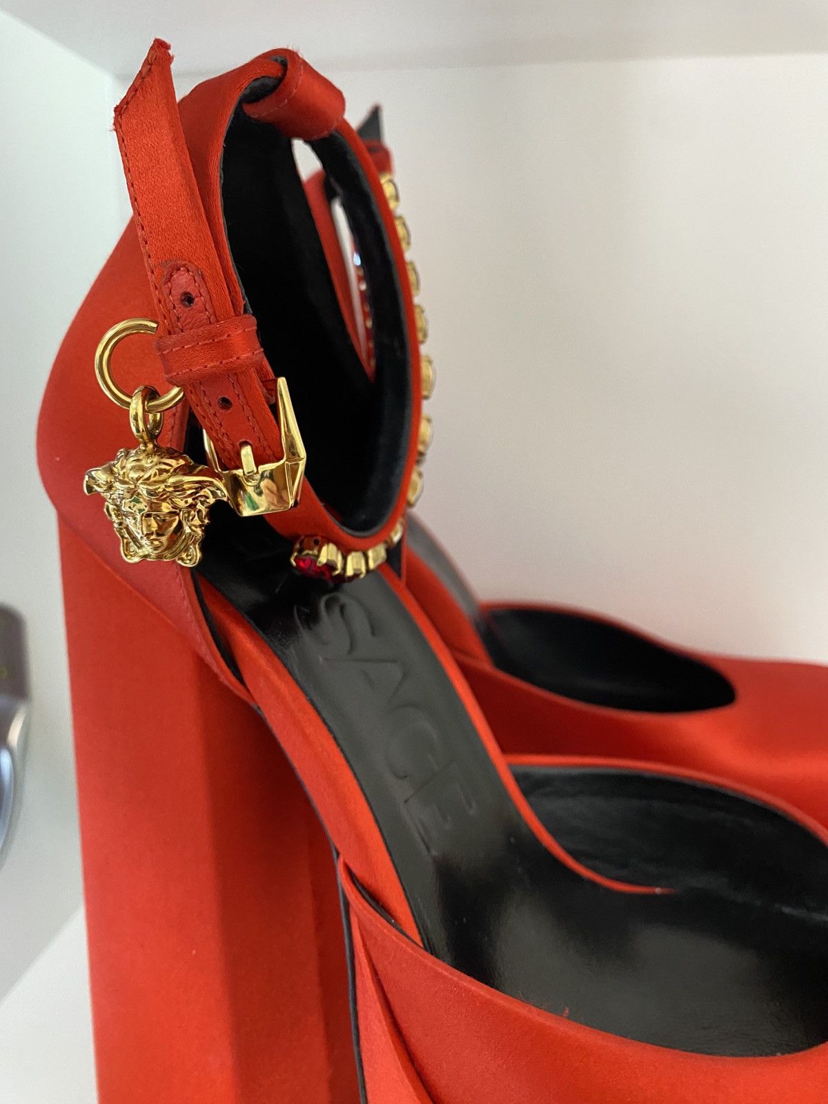 Versace Medusa Aevitas embellished satin platform pumps Size US 4 / IT 34 - 4 Thumbnail