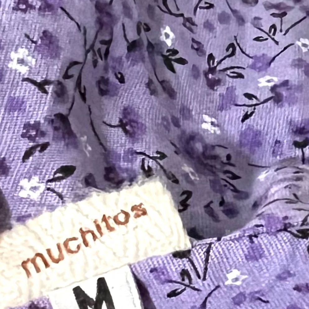 Vintage Purple Floral Crop Wrap Top T-Shirt Women's Medium Cotton Flutter Sleeve V-Neck Party/Casual Swinging Mexico 2020s Womens Size M / US 6-8 / IT 42-44 - 6 Thumbnail