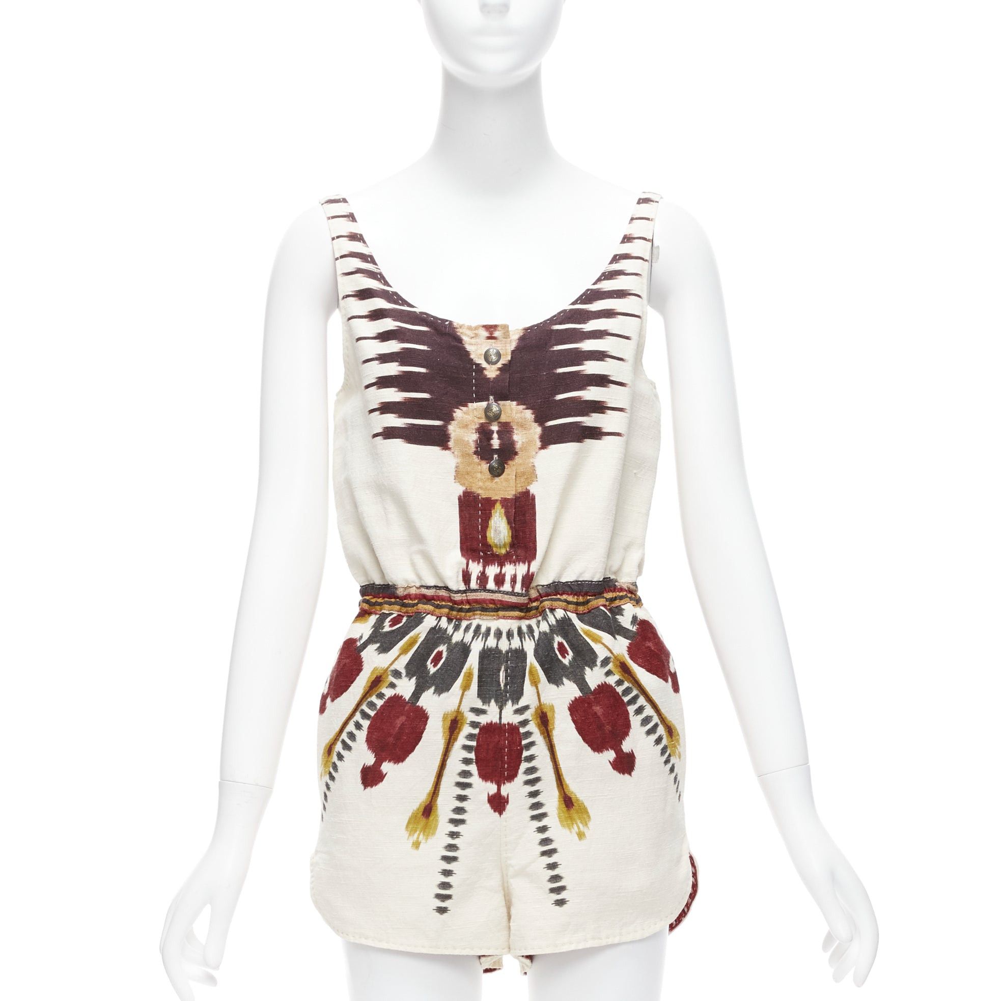 image of Etro 2019 Burgundy Beige Tribal Aztec Print Scoop Neck Short Romper It38 Xs, Women's (Size 26)