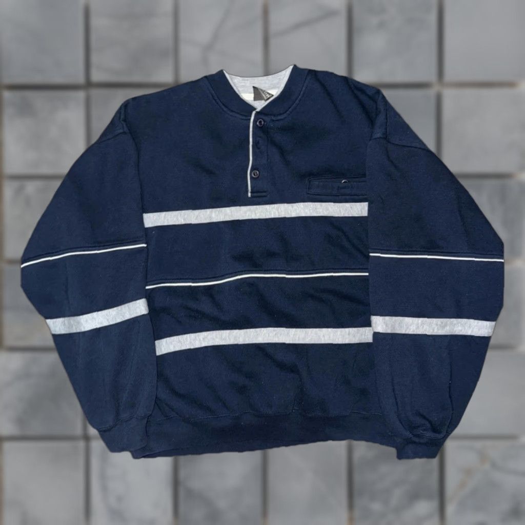 Vintage VINTAGE David Taylor Henley Crewneck Sweater Striped Blue Large Mens 90s" Size US L / EU 52-54 / 3 - 1 Thumbnail
