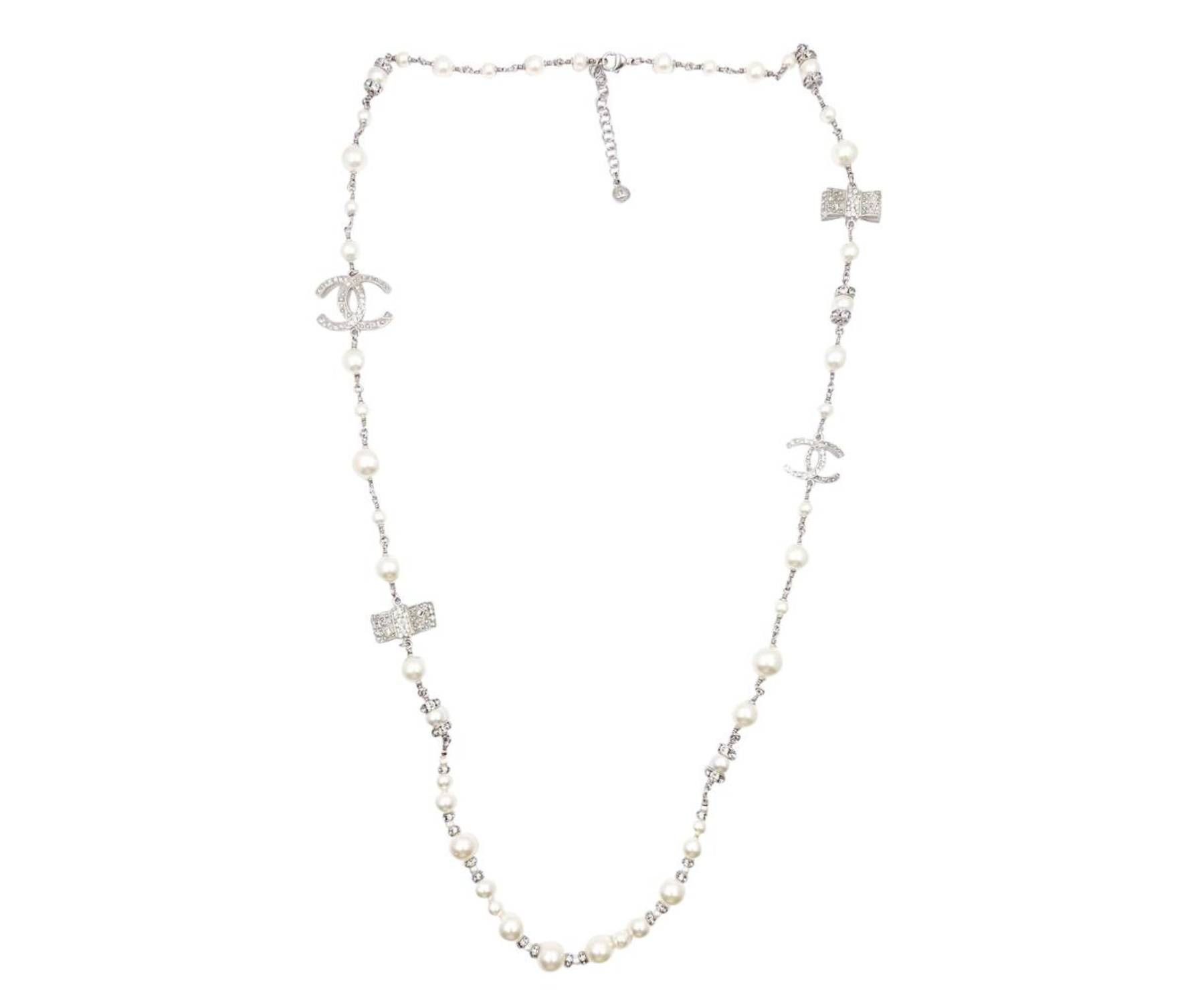 Chanel Chanel Silver CC Crystal Ribbon Bow Pearl Necklace Size ONE SIZE - 1 Thumbnail