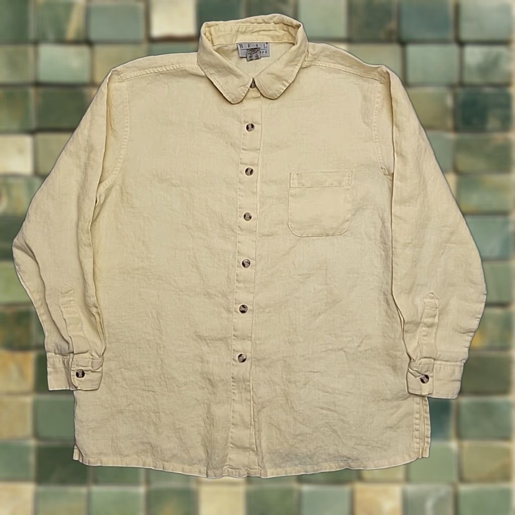 Vintage Real Comfort Shirt Womens L Yellow 100% Linen Button Front Coastal Minimalist Shirt Women L Yellow Linen Button-Up Coastal Casual Size L / US 10 / IT 46 - 1 Thumbnail