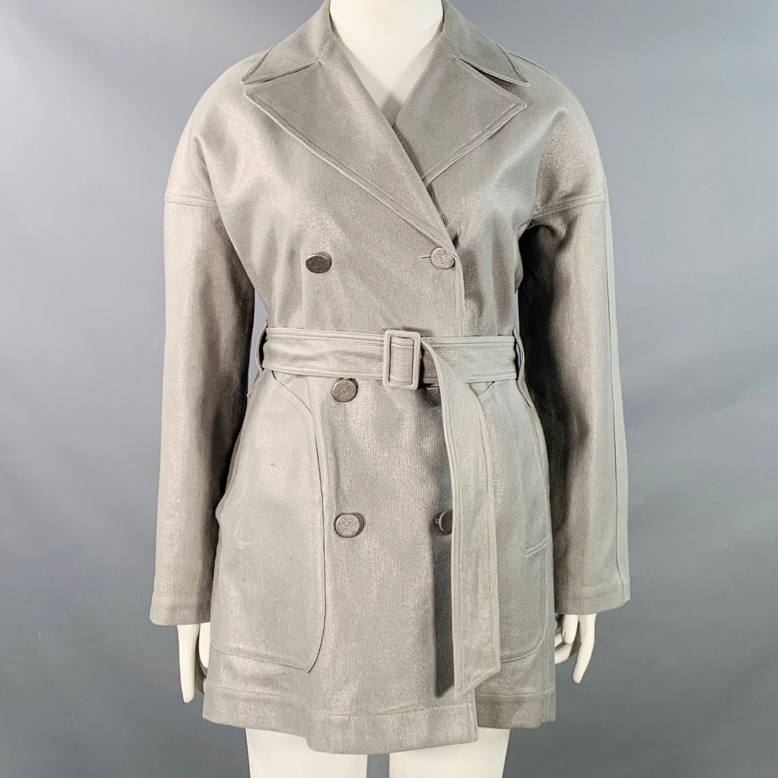 ALAIA Grey Silver Cotton Twill Belted Double Breasted Coat