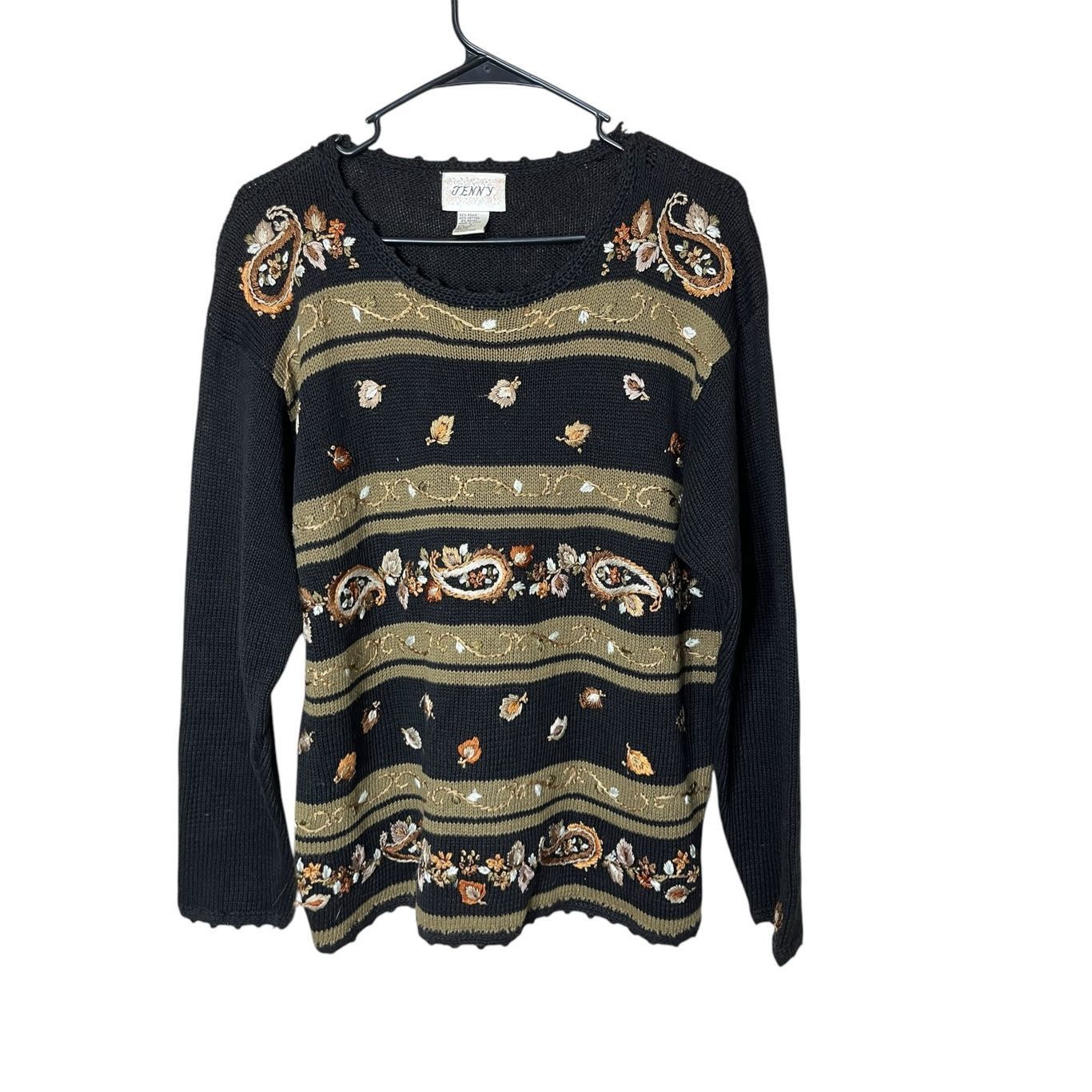 Other Vintage Jenny Black Gold Embroidered Paisley Leaf Sweater Si Size L / US 10 / IT 46 - 1 Thumbnail
