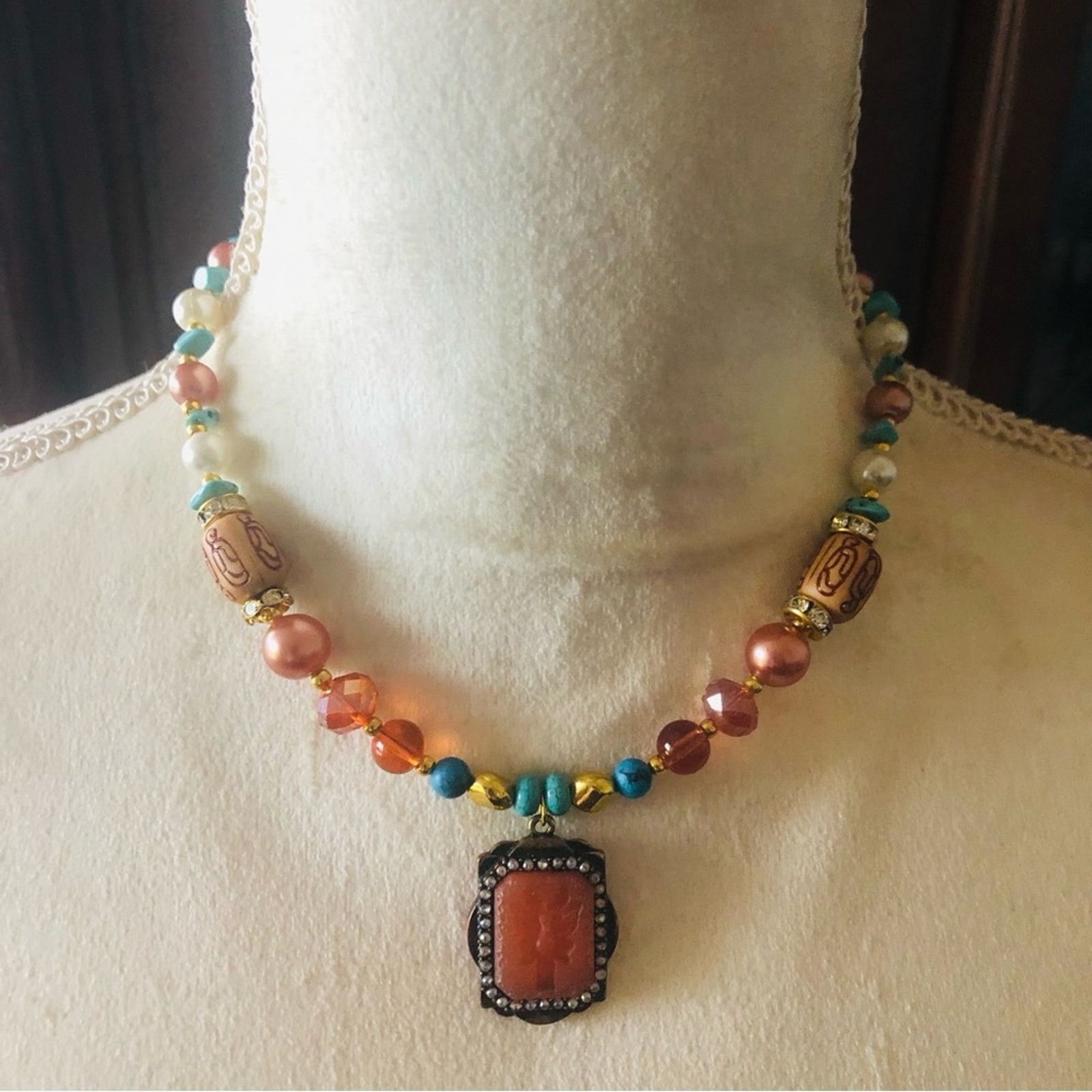 Handmade Handcrafted repurpose carved carnelian cameo necklace Size ONE SIZE - 2 Thumbnail