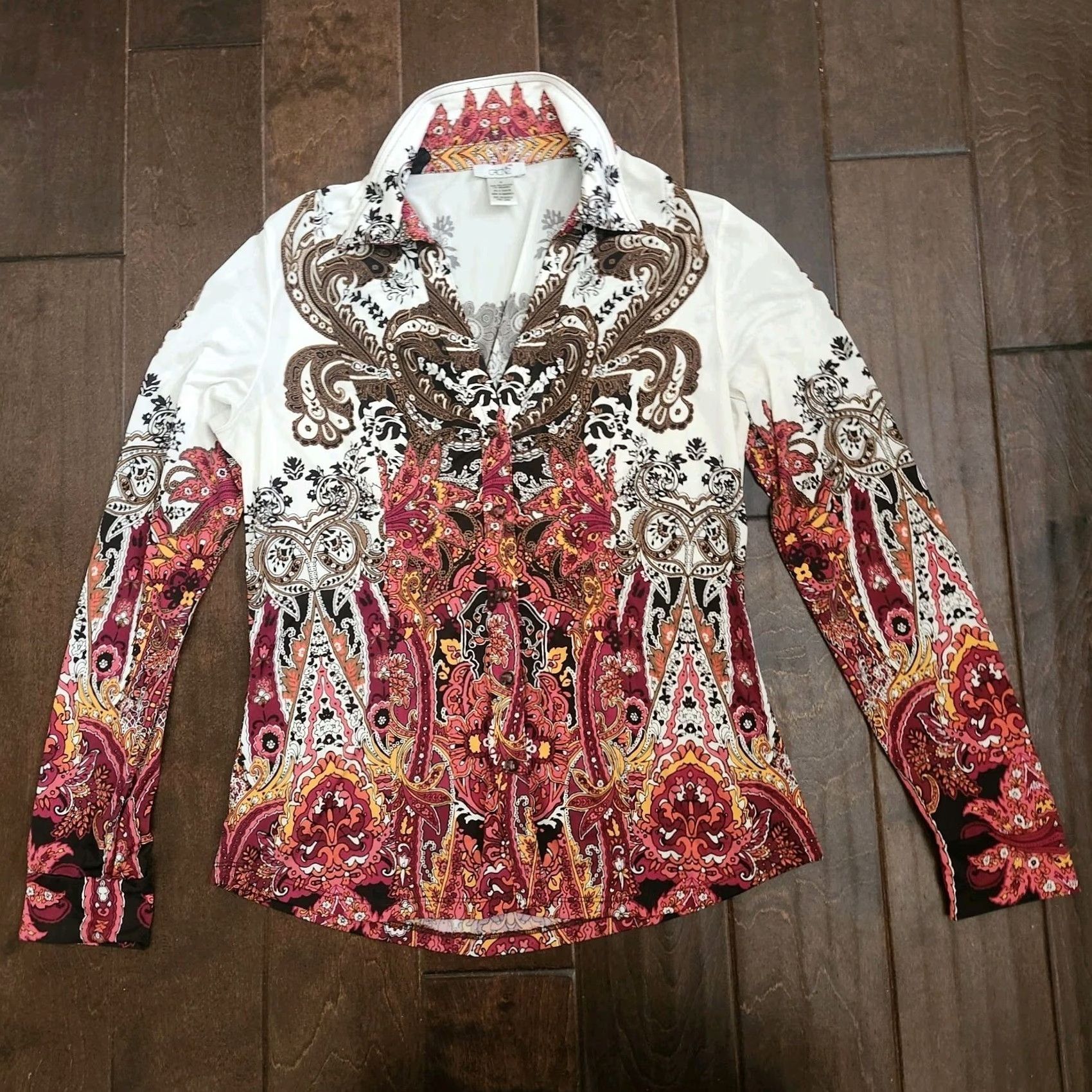 Vintage Cache Boho Paisley Blouse Womens M Long Sleeve Button Stretch Top Size M / US 6-8 / IT 42-44 - 3 Thumbnail