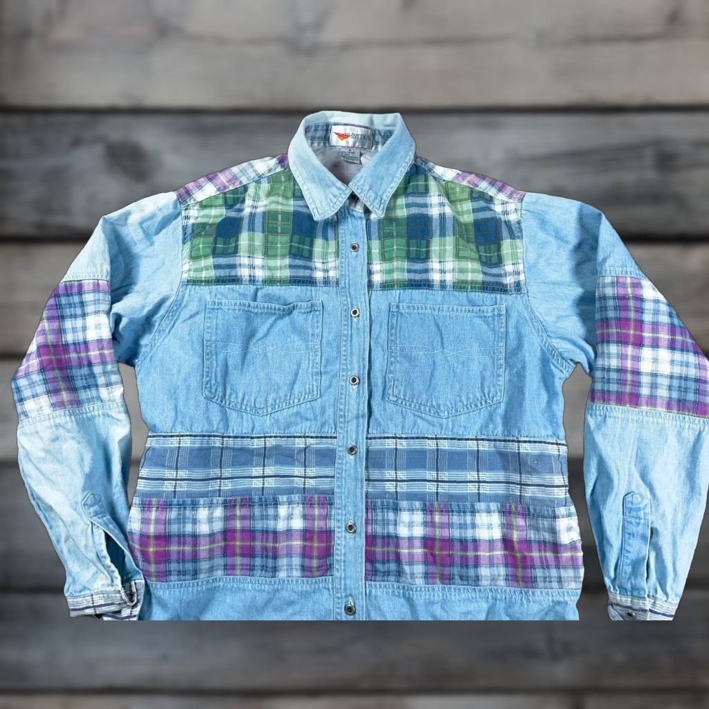 Vintage VINTAGE 90s Cristina Denim Plaid Patchwork Shirt Women's Medium Light Blue Casual Long Sleeve Button-Up Size L / US 10 / IT 46 - 1 Thumbnail