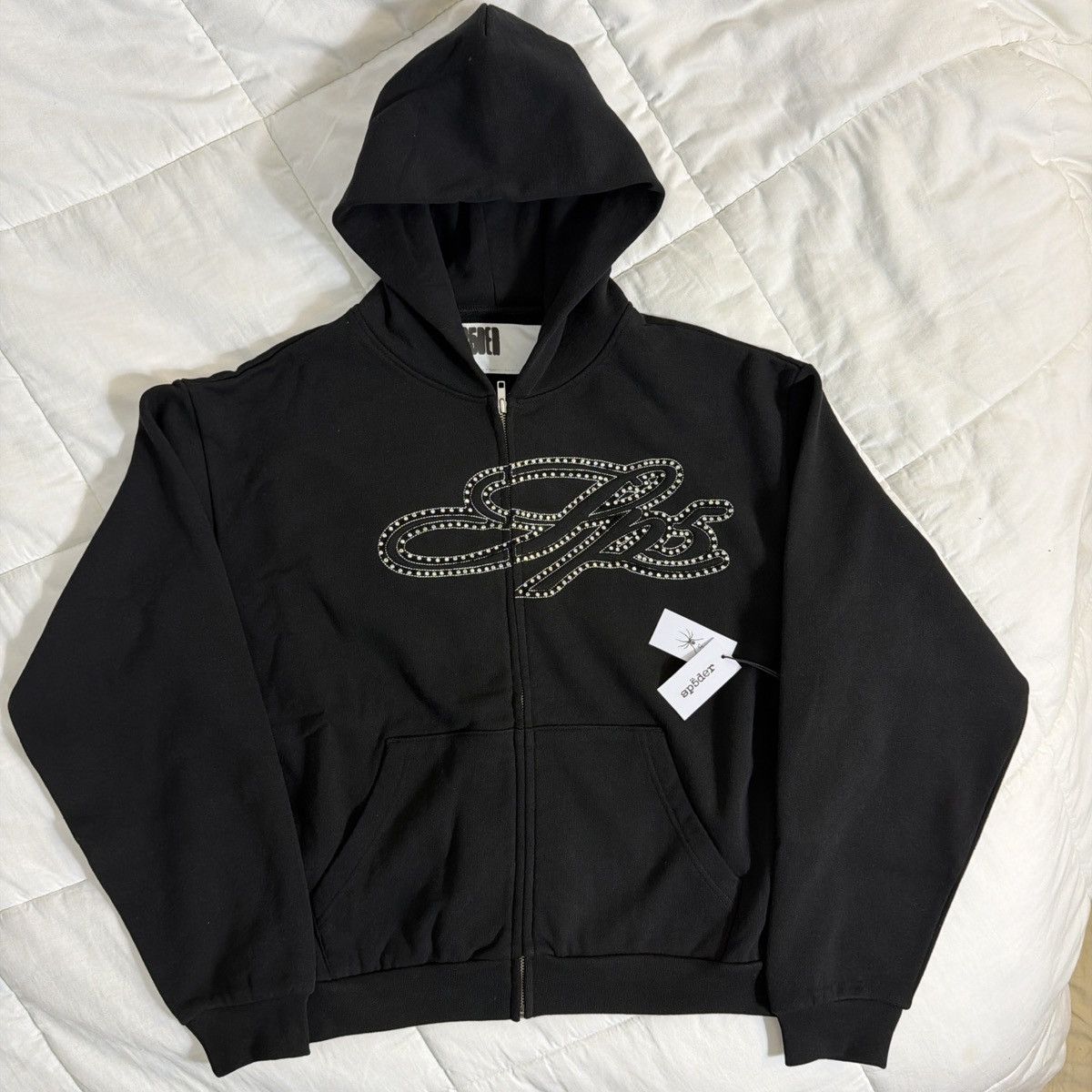 Sp5der Sp5der Rhinestone Script zip up hoodie | Grailed