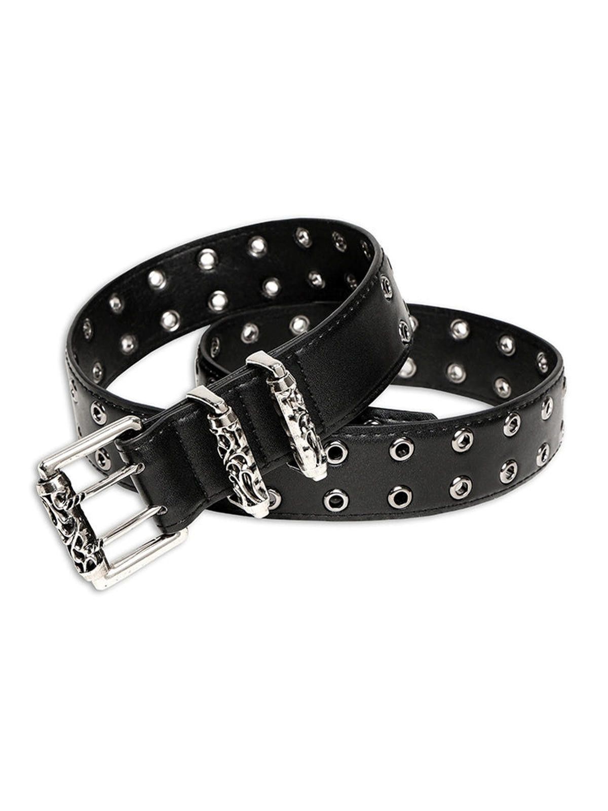 Leather Black Leather Grommet Belt with Heavy-Duty Silver Buckle Size ONE SIZE - 1 Thumbnail
