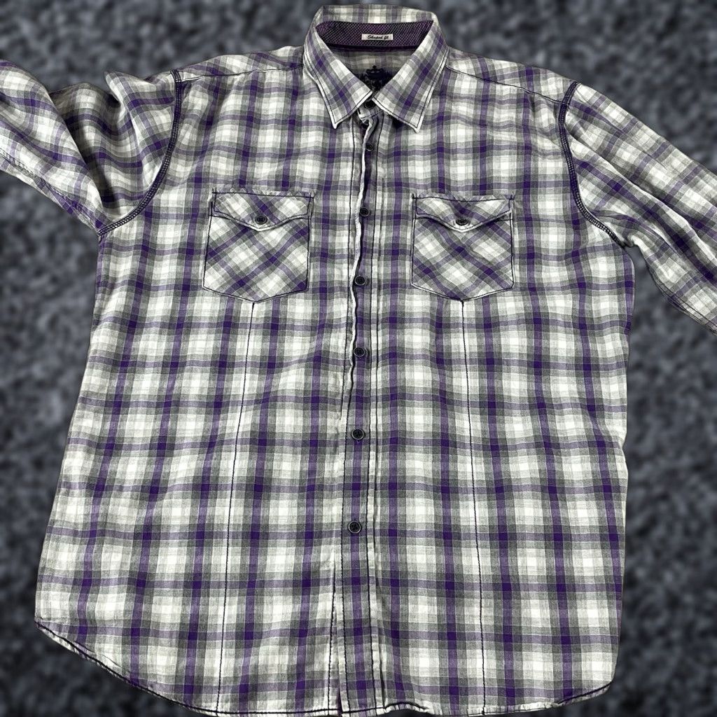 BUGATCHI Bugatchi Shirt Large Gray Purple Flip Cuff Long Sleeve Shaped Fit Button T489 Size US L / EU 52-54 / 3 - 1 Thumbnail