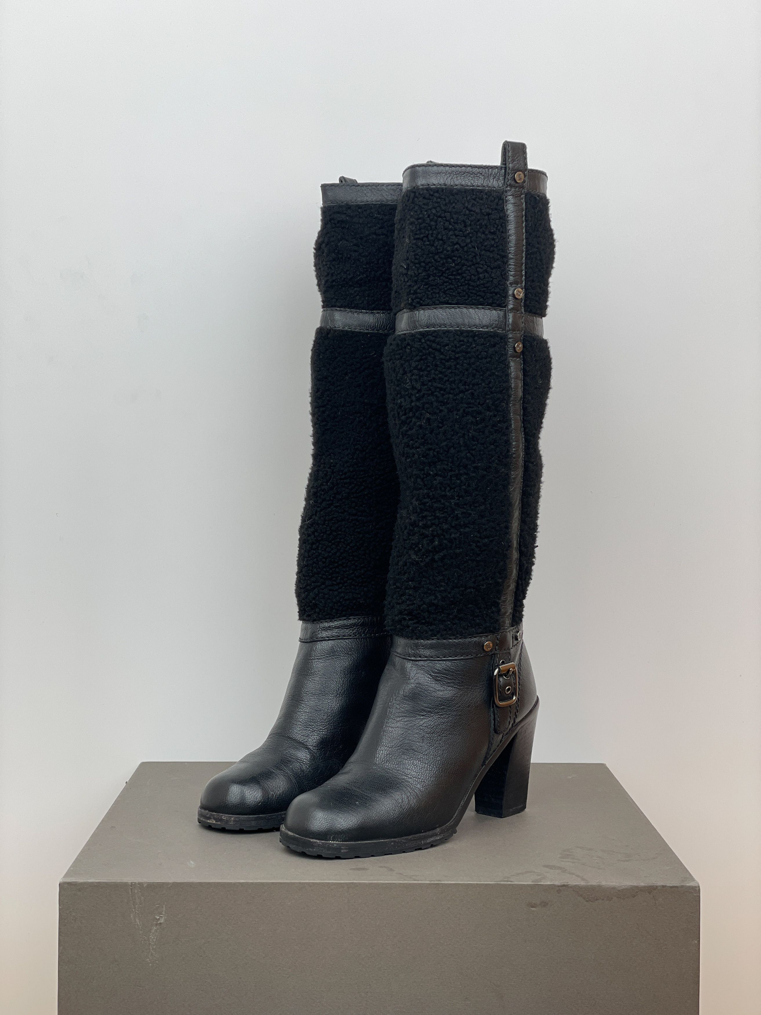 Celine Knee-High Shearling ‘Claude’ Biker Heel Boots Size US 4.5 / IT 34.5 - 1 Thumbnail