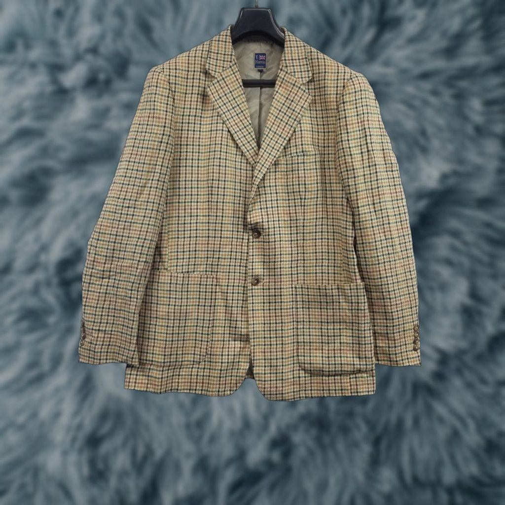 Vintage T Harris London Linen Blend Suit Blazer Jacket Plaid Tan Men's Large Size 42R - 1 Thumbnail