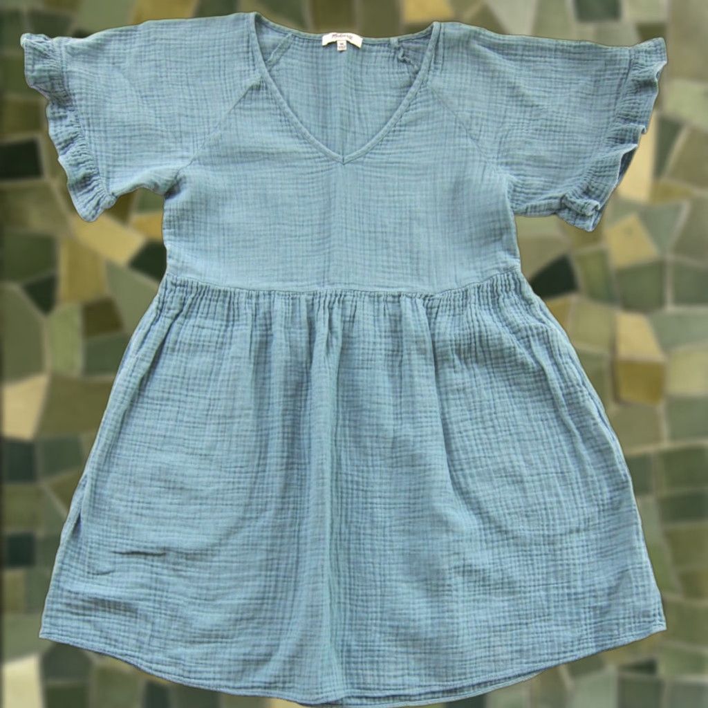 Madewell Madewell Dress XS Smock 100% Cotton Gauze Green Ruffle Sleeve Pocket Smocked Shirt Dress Mini Bohemian Womens XS Size XS / US 0-2 / IT 36-38 - 1 Thumbnail