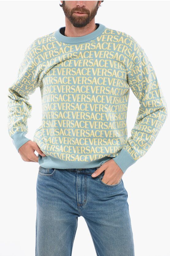 image of Versace Crew Neck Jacquard Cotton Sweater With Monogram Motif in Light Blue, Men's (Size Large)