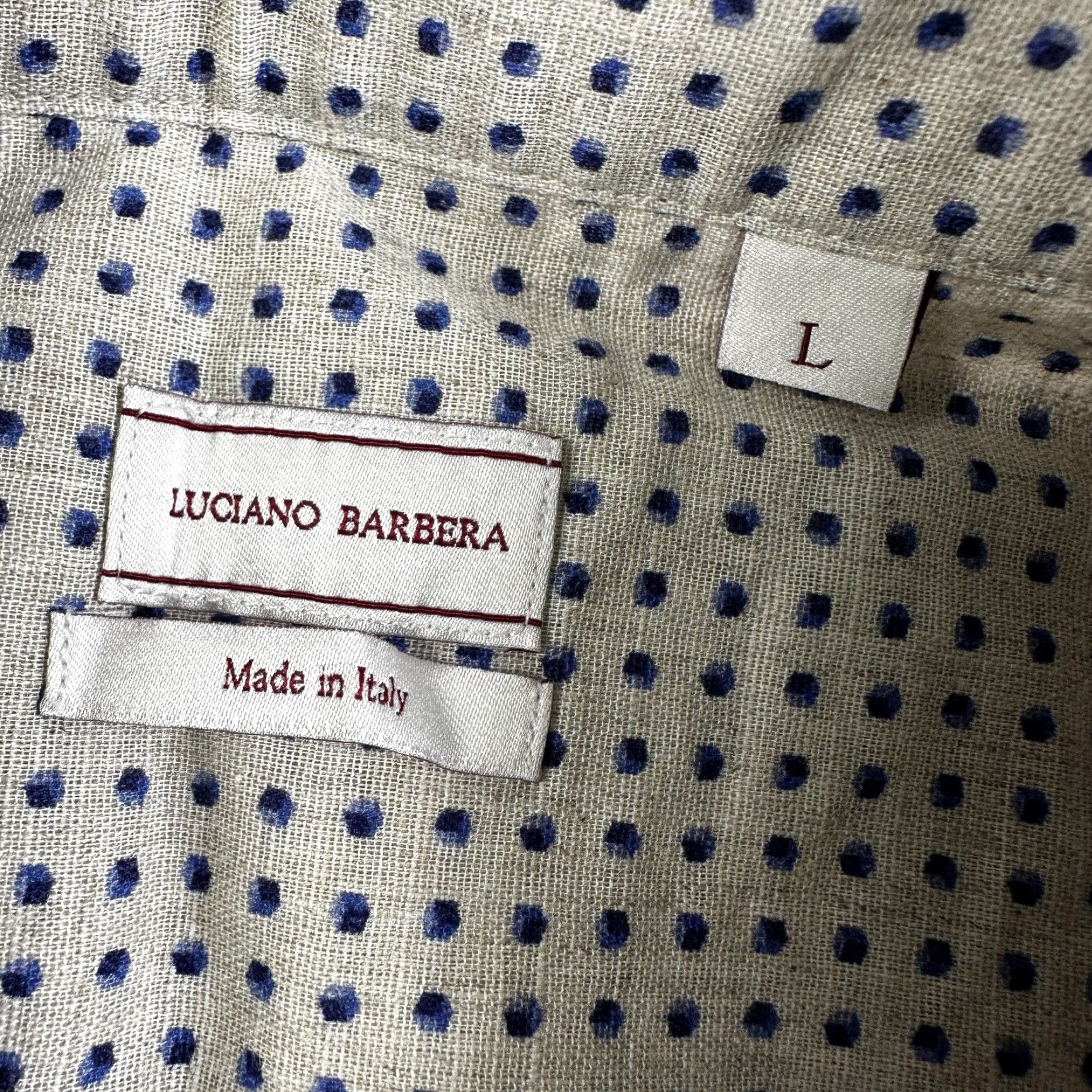 Vintage Luciano Barbera Shirt Mens L Beige Blue Polka Dot Cotton Linen Made Italy Size US L / EU 52-54 / 3 - 2 Thumbnail