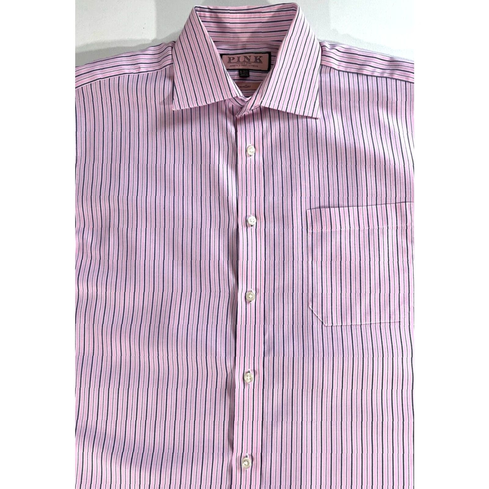Pinko Thomas Pink Traveller Shirt Men Striped Pink 16 Pink Dress Shirt Long Sleeve Button Collar 100% Cotton Travel Vintage Mens Size US L / EU 52-54 / 3 - 2 Thumbnail