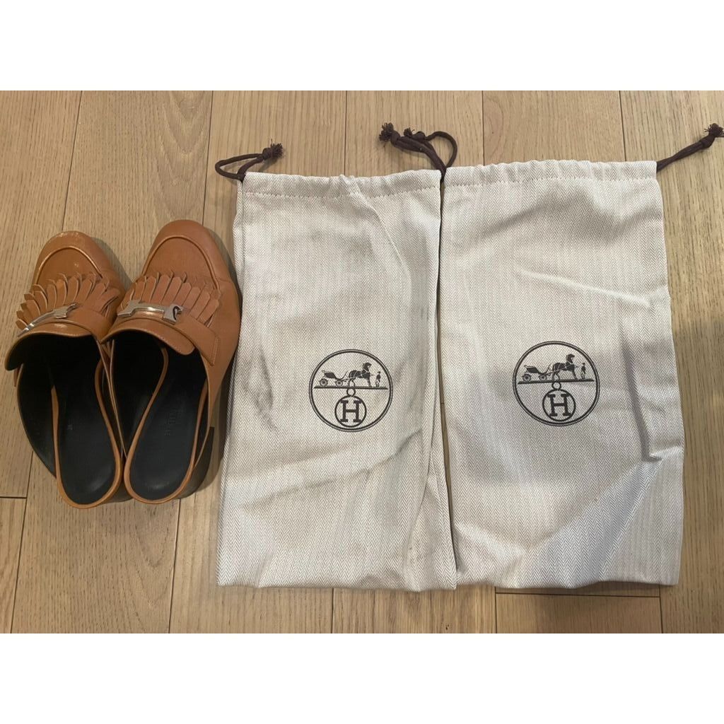 Hermes Hermès Womens Tan Leather Fringe Detail Mules With Dust Bags Size US 5 / IT 35 - 6 Thumbnail