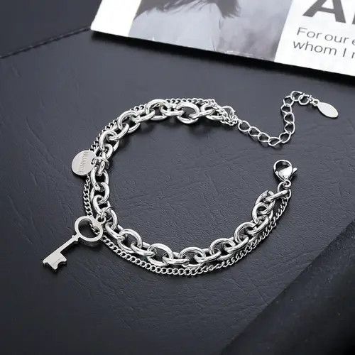 Jewelry Silver Double Chain Key Charm Bracelet, Layered Bracelet Size ONE SIZE - 4 Thumbnail