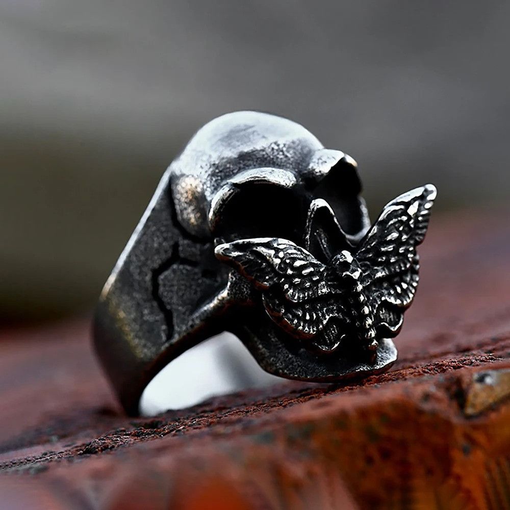 Vintage Gothic Moth Skull Ring Size ONE SIZE - 3 Thumbnail