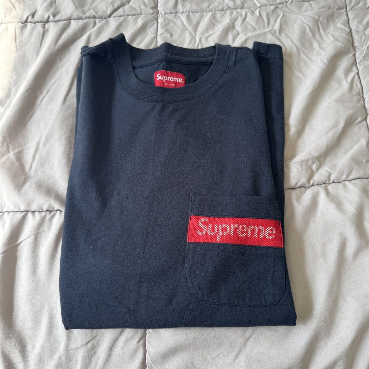 Supreme Pocket Mesh Stripe Pocket Tee - Navy Blue - Size S