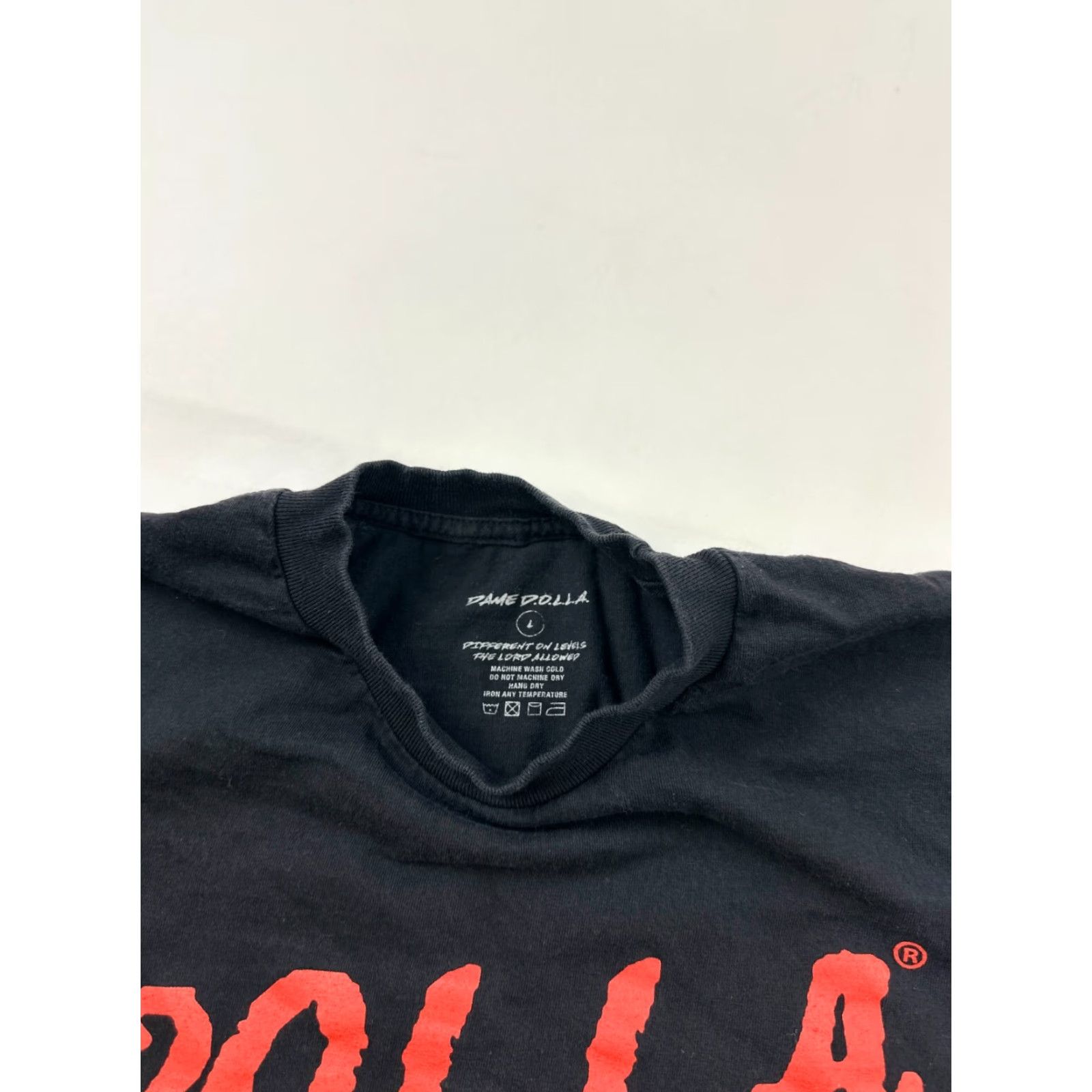 Vintage Dame Dolla T-Shirt Mens Large Black Solid Outdoor Crew Neck Short Sleeve "Different On Levels The Lord Allowed" Size US L / EU 52-54 / 3 - 3 Thumbnail