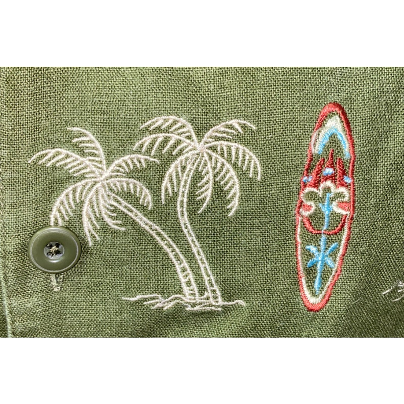 ALOHAS Island Blue Mens Short Sleeve Button-Up Aloha Hawaiian Shirt Green Linen/Rayon Embroidered Size M Size US M / EU 48-50 / 2 - 4 Thumbnail