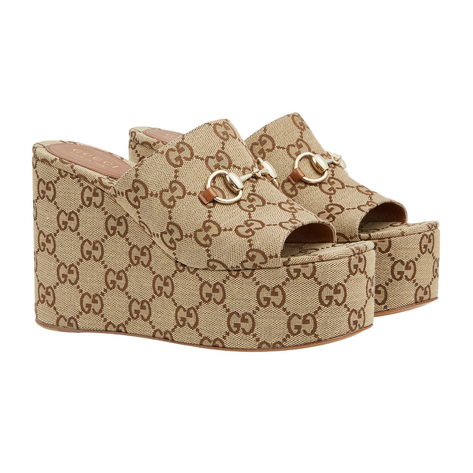 GUCCI $970 Beige/Dark Brown GG Canvas Horsebit Wedge Sandals