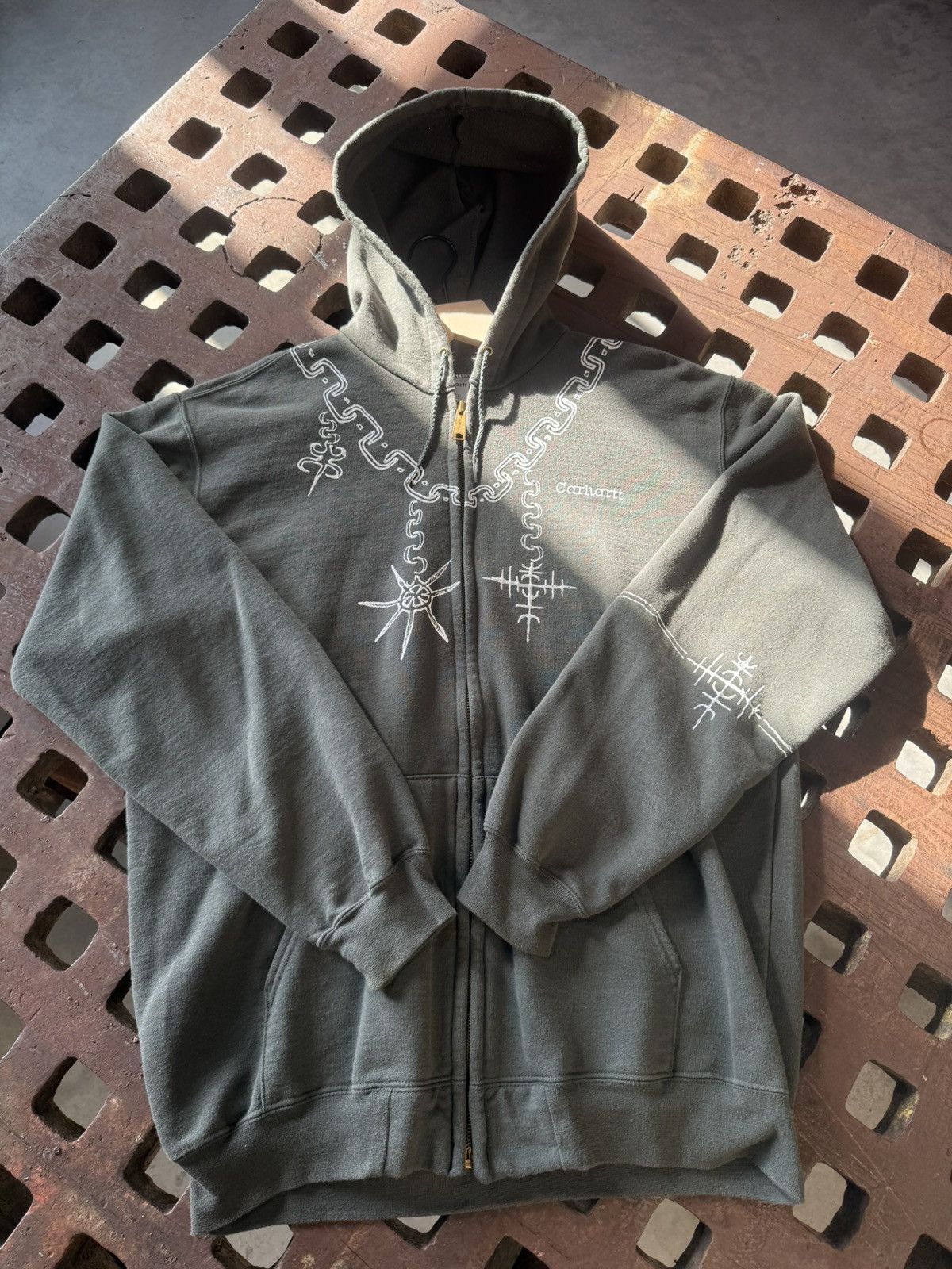 Vintage carhartt olive hoodie rosary tattoo
